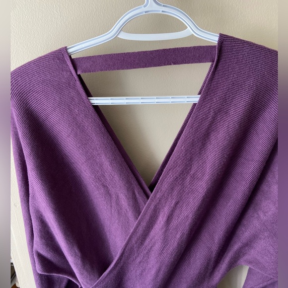 V Neck Batwing Long Sleeve Wrap Cozy Fall Sweater Dress - Picture 7 of 9